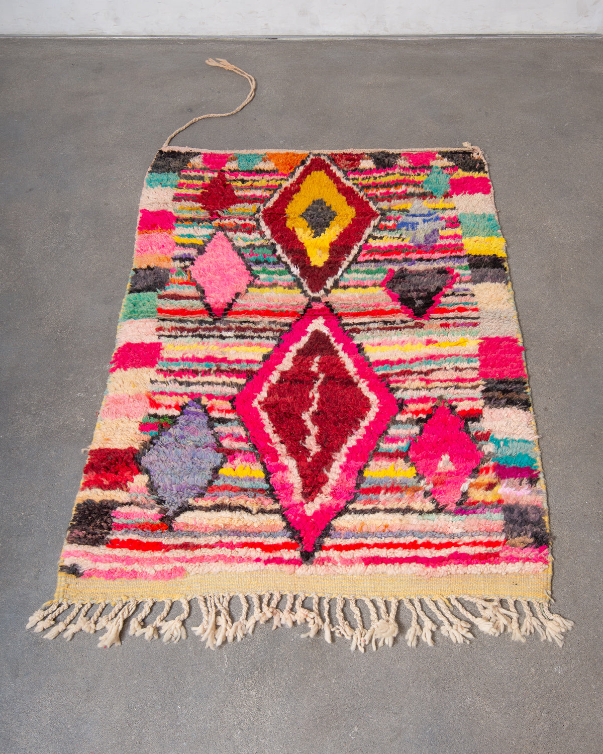 Modern, designer, handcrafted Berber rug from Morocco. Vintage carpet with beautiful colours and patterns and fluffy texture.